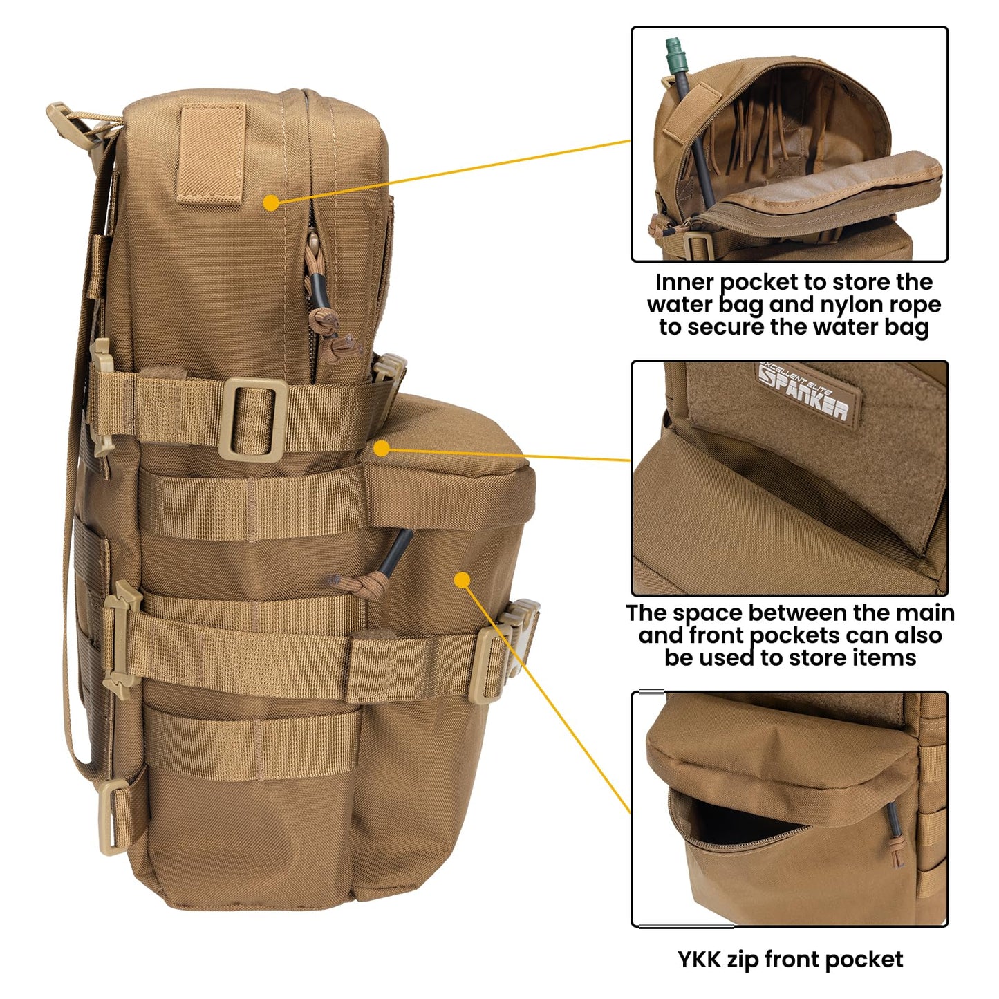 EXCELLENT ELITE SPANKER Tactical Small MOLLE Hydration Pack Water Bladder Carrier Pack for Tactical Vest Backpack Plate Carrier (Coyote Brown-Nylon)