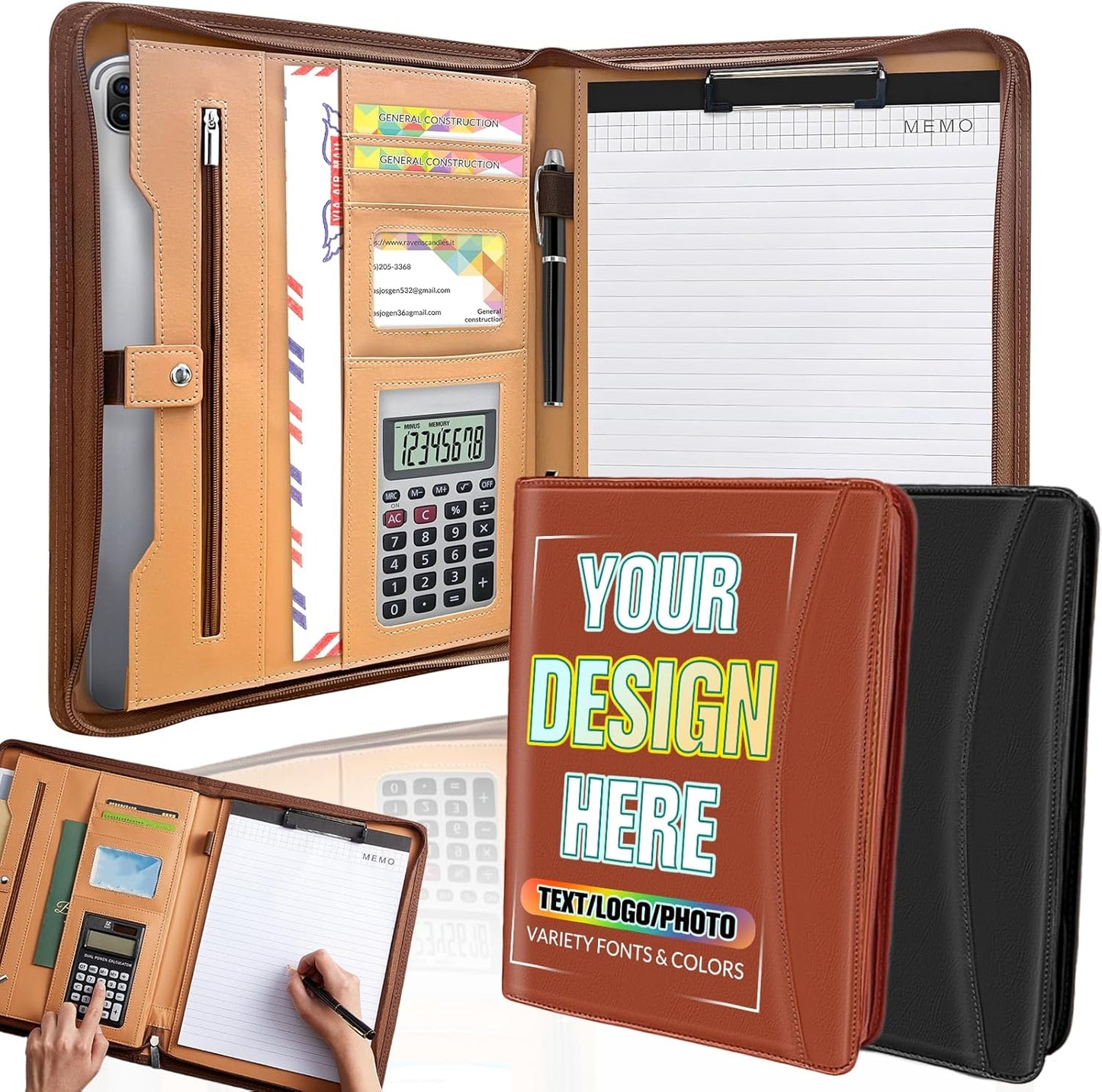 Personalized Portfolio Leather Custom Padfolio for Men Women Customized Binder with Logo/Text/Photo, Professional Folio with Zipper for Business, Interviews, Resumes-Black