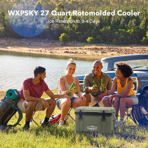 WXPSKY Rotomolded Cooler, 27Qt Hard Cooler with Heavy Duty Handles, Drain Outlet, Ice Retention to 3-5 Days, Insulated Ice Chest for Camping/Beach/Tailgating Boat Fishing & More (Green)