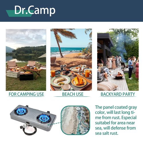 Dr.Camp 35000 BTU 2 Burner Propane Gas Stove Cooktop Outdoor Camping Stove Portable Double Burner for BBQ Boiling Frying Cooking Estufa de Gas Portátil Fogón de Gas