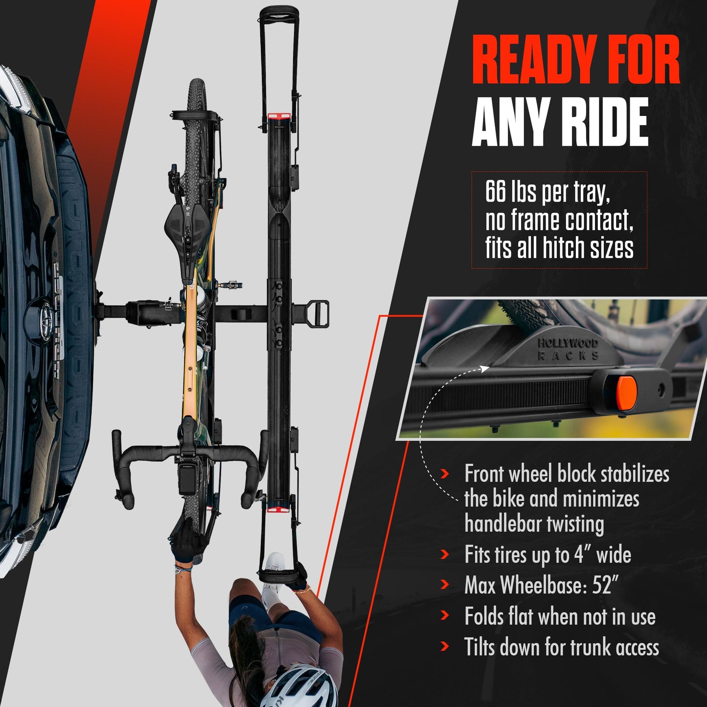 Hollywood Racks CrossTrack 2 Bike 1.25" Hitch Mount Bike Rack for Cars, Trucks & SUVs – Secure Frameless Design and Easy Tilt for Trunk Access – Premium Bicycle and E-Bike Carrier