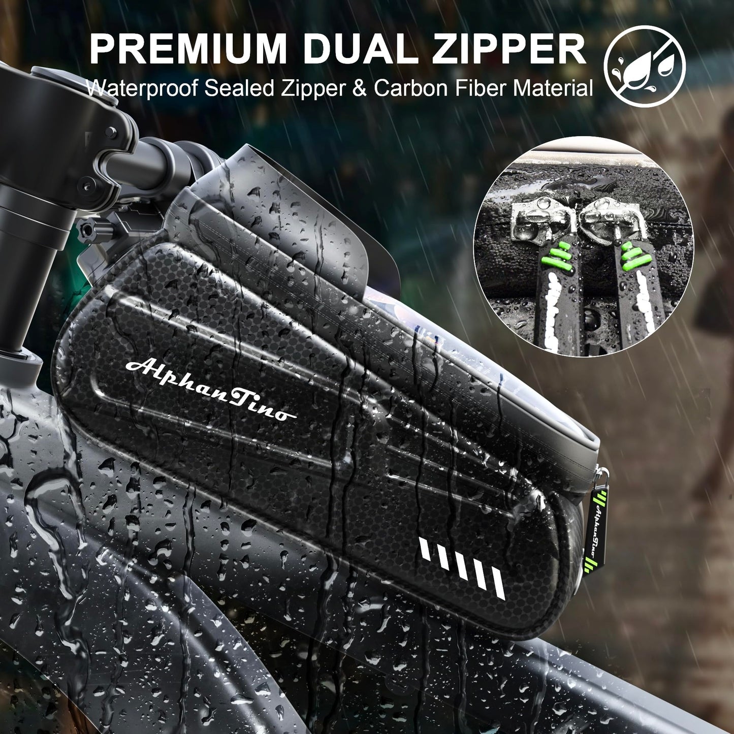 Alphantino Bike Phone Holder Bag - Waterproof Hard Case Large Capacity Top Tube Front Frame Bicycle Pouch Cycling Mount, Bike Accessories, TPU Touch-Screen & Sun-Visor (Green ZIpper)