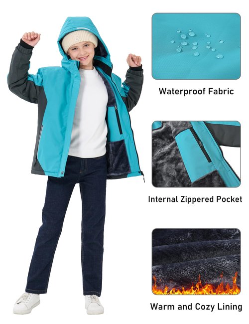 MoFiz Girls Ski Jacket Waterproof Fleece Lined Snowboard Jacket Warm Winter Jackets with Removable Hood Blue M