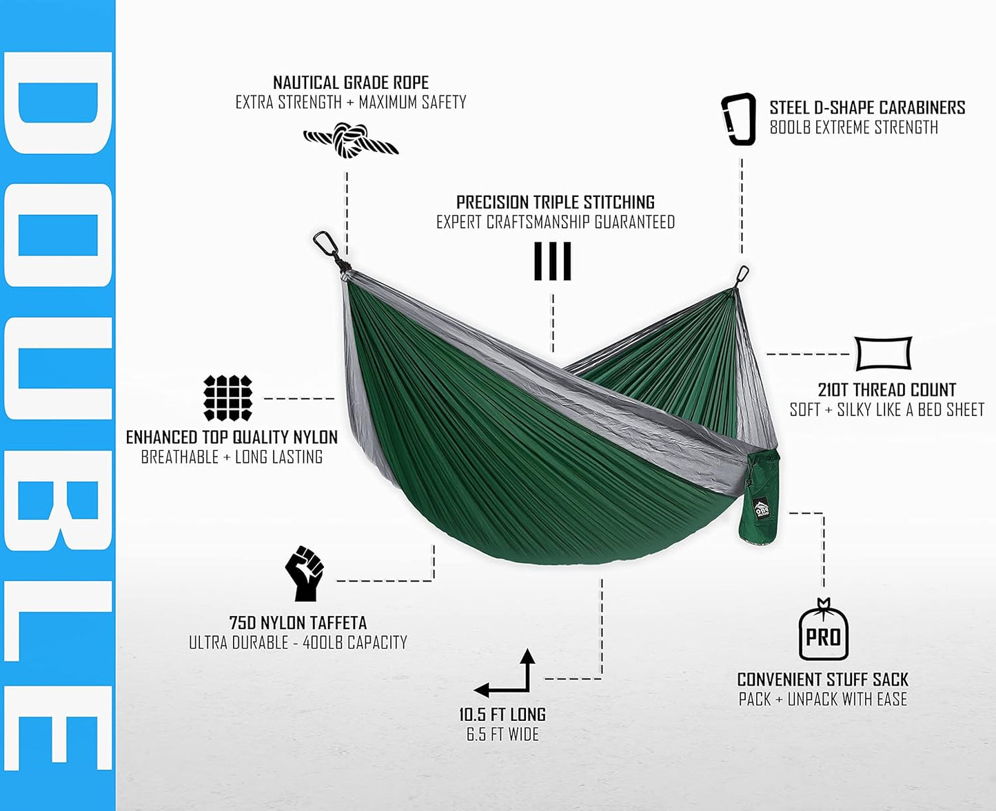 Camping Hammock 500 lb Capacity – Portable Double Hammock with Tree-Friendly Straps and Carabiners, Lightweight for Backpacking, Hiking, Travel, Beach, Backyard