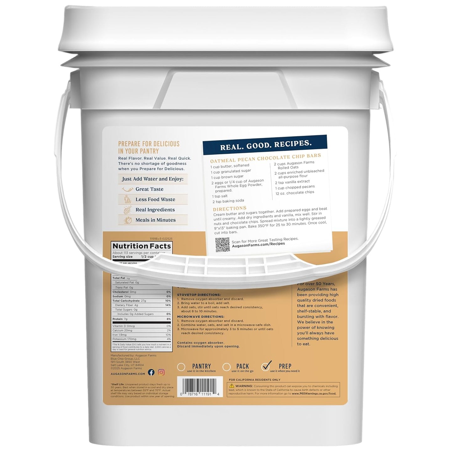 Augason Farms Regular Rolled Oats 4-Gallon Pail, Emergency Food Supply, Everyday Meals, 113 Servings