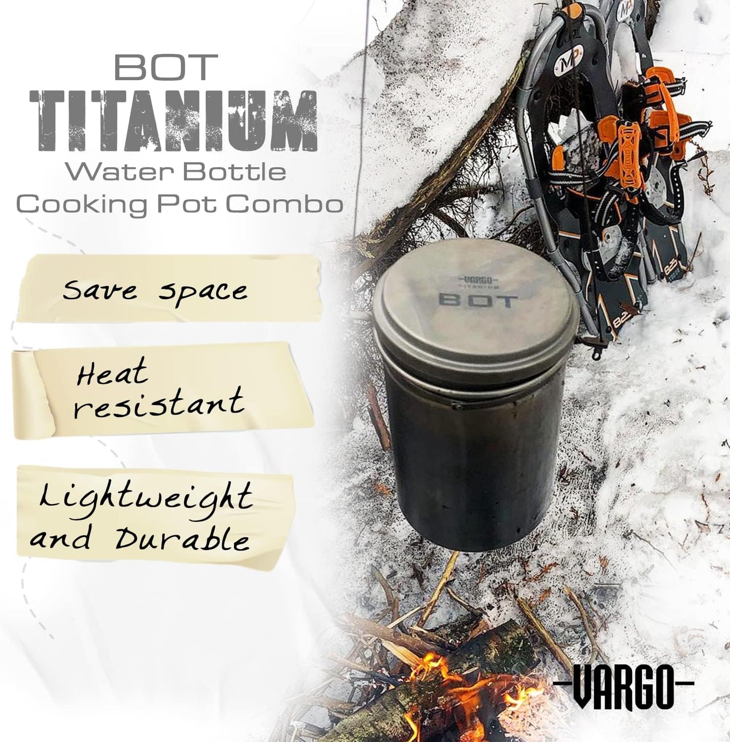 Vargo Titanium BOT Series | Vargo BOT - 700 | Titanium Cooking Pot and Water Bottle with Foldable Handles and Watertight Lid | 700ml (23 oz.)
