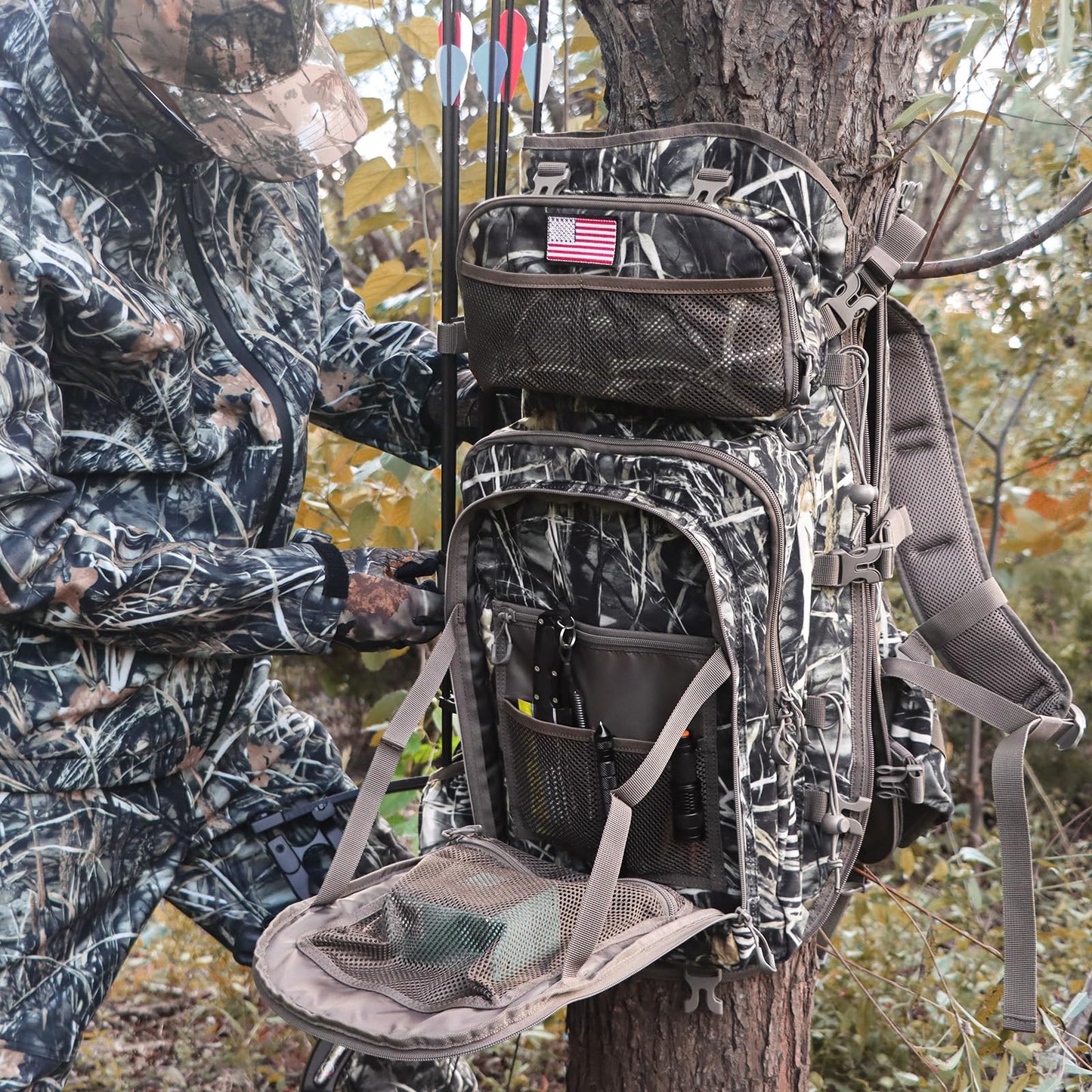 FunVZU Hunting Backpacks for Men, Saddle Hunting Bag with Bow Holder, Large Compound Bow Hunting Backpack & Duffle Bags, Deer Hunting Backpack with Rifle Holder (Marsh Reed)