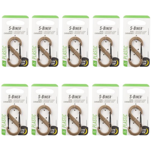 Nite Ize S-Biner Dual Carabiner Plastic - Durable Dual Carabiner with Wire Gate Closure for Organizing Keys & Keychain Attachments - Size 2, Coyote (10 Pack)