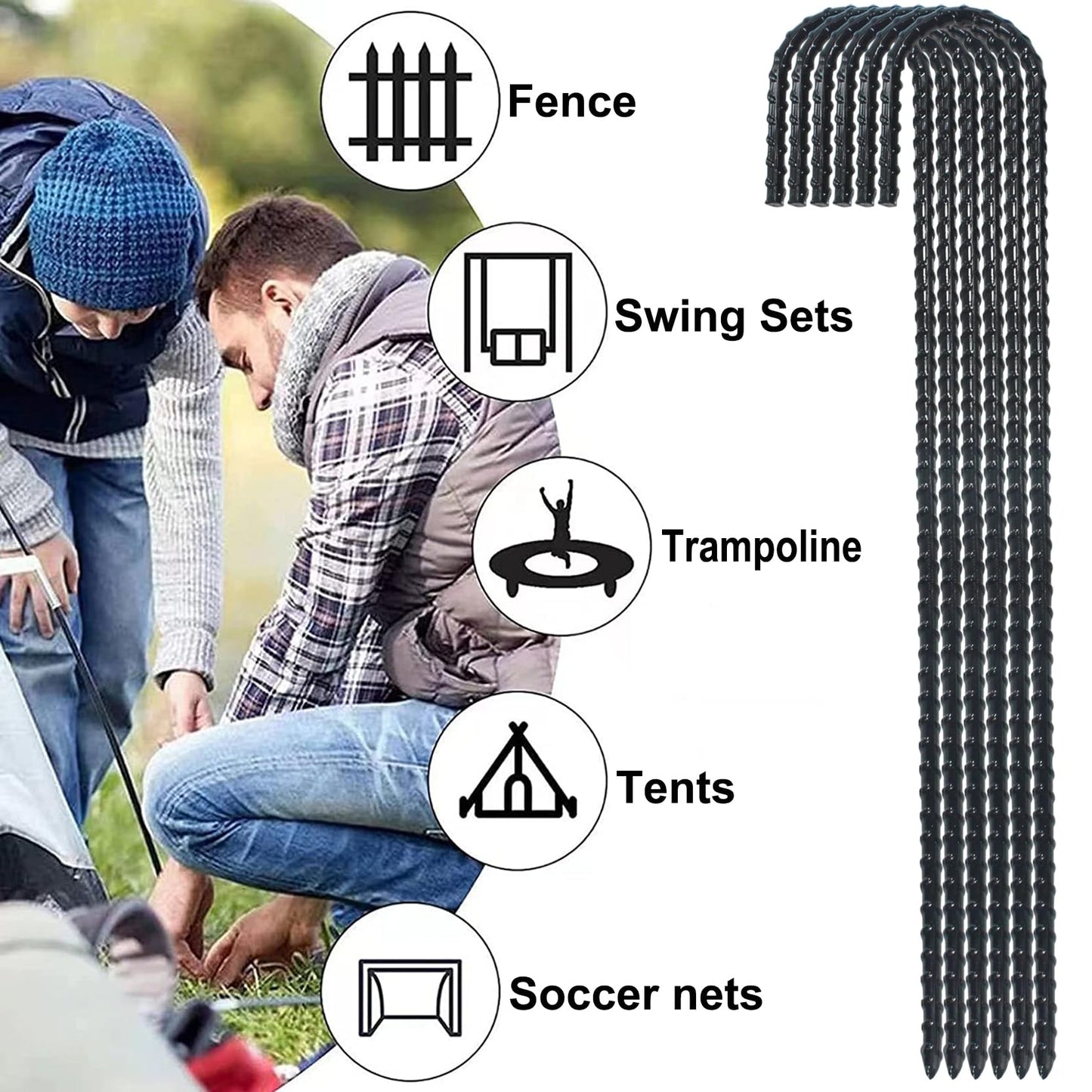 16 Inch Ground Rebar Stakes, J Hook Extra Heavy Duty Rust Proof Coated Steel Ground Anchors with Chisel Point End for Camping Tent and Canopy Tent (8)