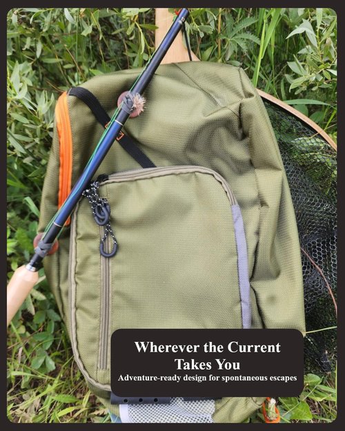 SUMATO Fly Fishing Tenkara Sling Pack with Dual Rod Quiver - 5 Pocket Storage - Lightweight & Comfortable - Unisex - Multi-Use Outdoor Adjustable Backpack
