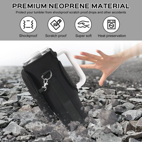 PRAGATISM Water Bottle Carrier Bag with Pouch for Stanley 30 oz Tumbler with Handle, Neoprene Water Bottle Holder Pocket with Adjustable 4.9FT Strap, Bottle Pouch for Stanley Cup Accessories