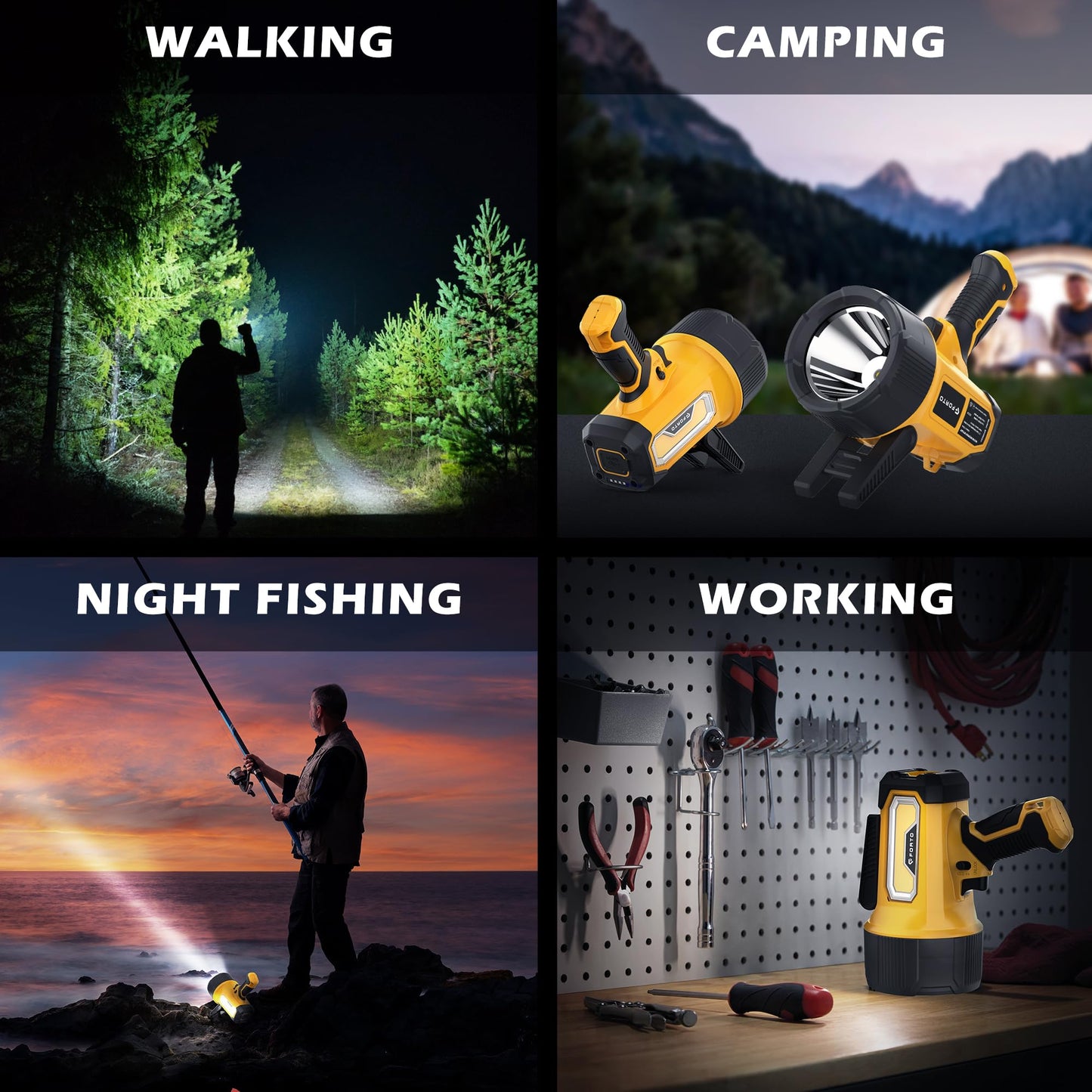 FORTO Rechargeable Spotlight, 200000 Lumens Handheld Spot Light with Foldable Stand, 6 Modes IPX7 Waterproof LED Spot Lights for Walk The Dog Hunting Camping Hiking Boating (Yellow)