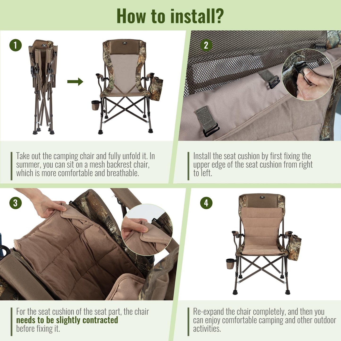 Jungleland Camping Chairs for Adults, 350lbs Support Lawn Chairs, Heavy Duty Portable Chair with Cup Holder & Cooler Bag, for Travel, RV Trip, Fishing, Hunting (Mesh Back&Cushion)