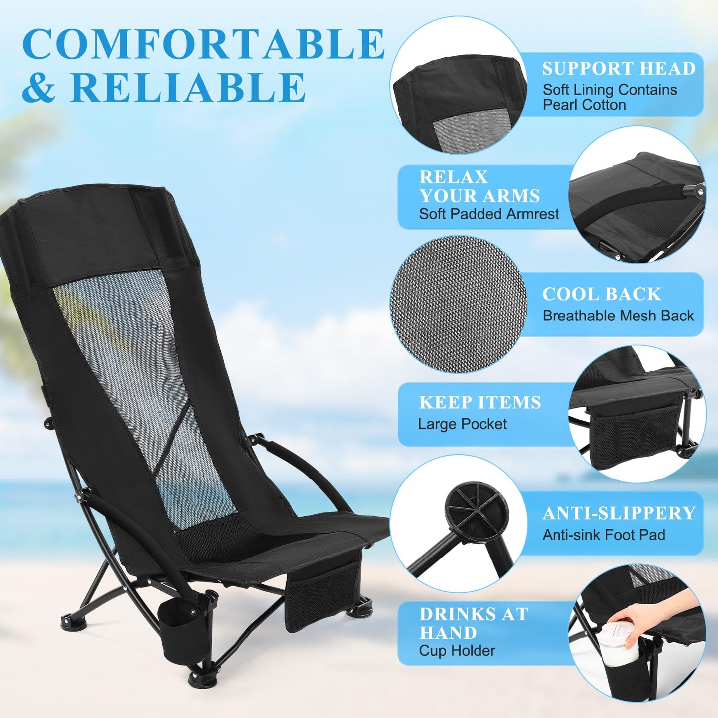 4 Pack Beach Chair for Adult High Back Low Beach Chair Bulk Portable Folding Camping Chairs Lightweight Sand Chairs with Cup Holder Carry Bag for Outdoor Camping Sand Concert