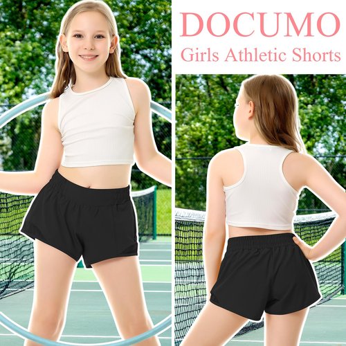 DOCUMO Girls Athletic Shorts with Liner Lightweight Running Shorts for Teen Girls Kids Quick Dry Sports Active Short with Zipper Pocket (Black, Large)