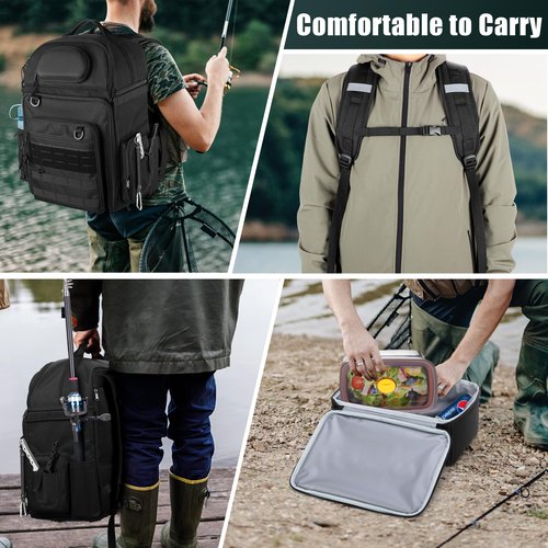 Rexmica Fishing Tackle Backpack with Cooler, Fishing Rod Bag Holds 2 Rods & Reels, Fishing Bag with Compartment for Tackle Boxes, Clothes or Other Gear, Fishing Pole Backpack, Black