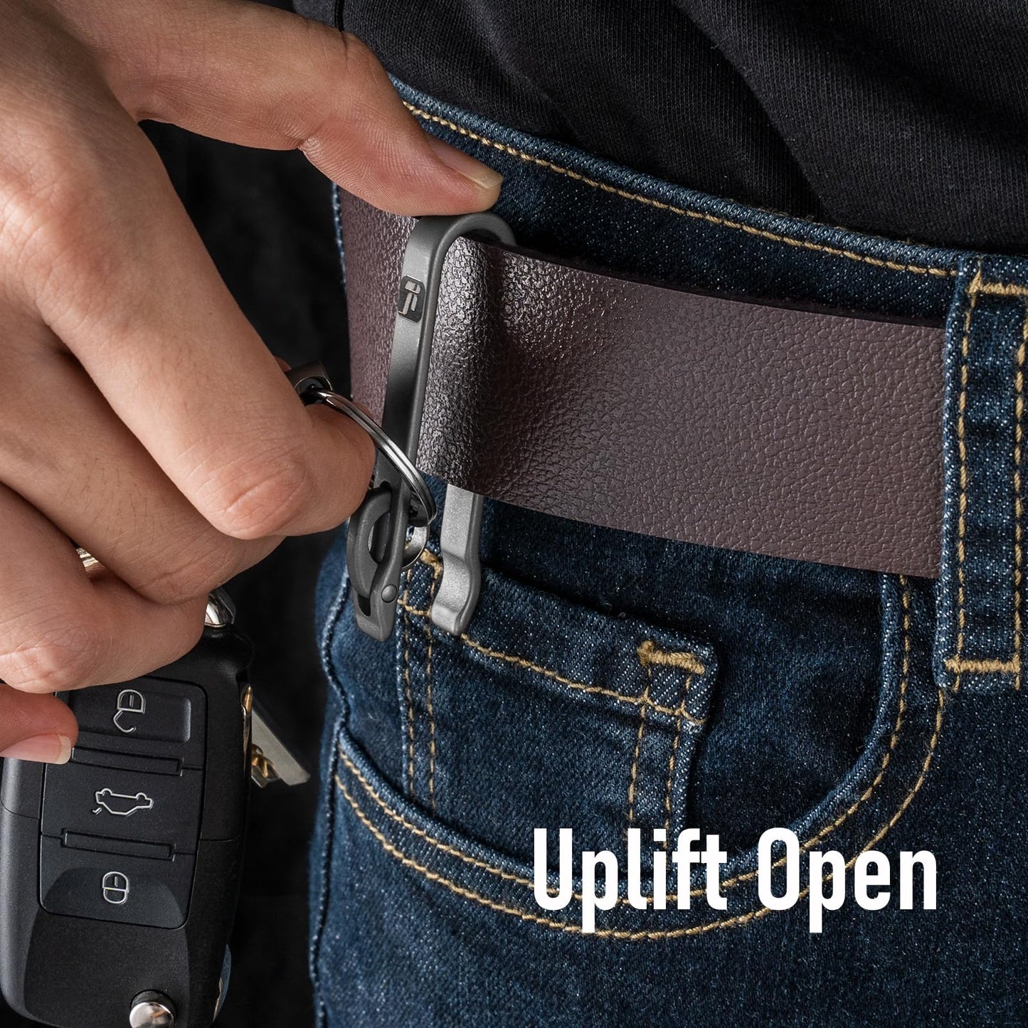 FEGVE Titanium Key Belt Clip, Carabiner Keychain Clip Belt Key Holder with Key Ring for Pants Purse-M/Grey