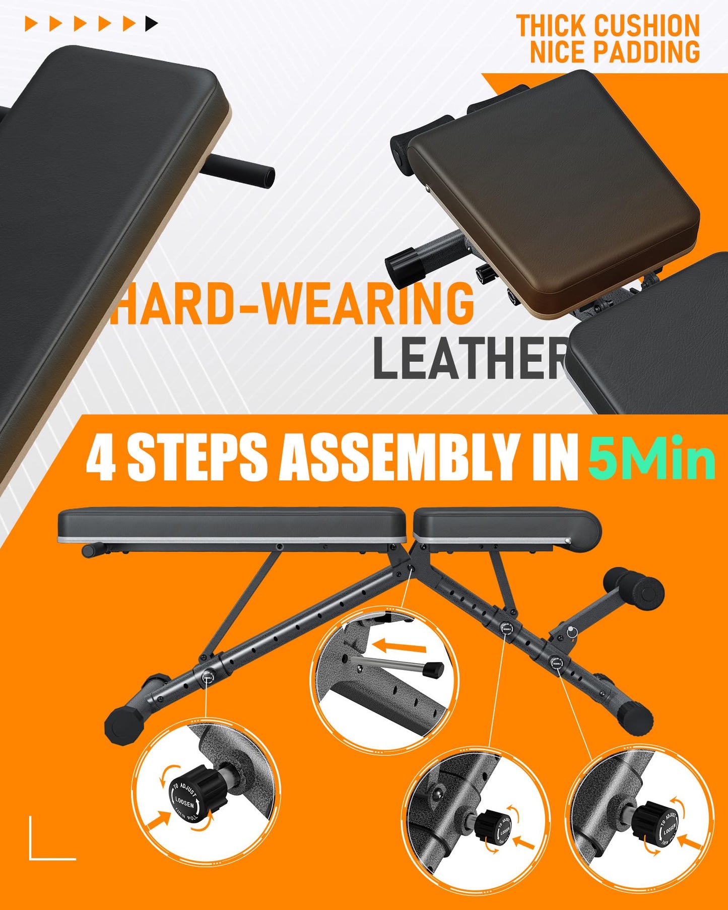 Adjustable Weight Bench for Home - Workout Bench for Full Body Exercise, Incline Decline Bench with Fully Upright Backrest, Adjustable Seat Cushion, 1000lbs Support Black 617