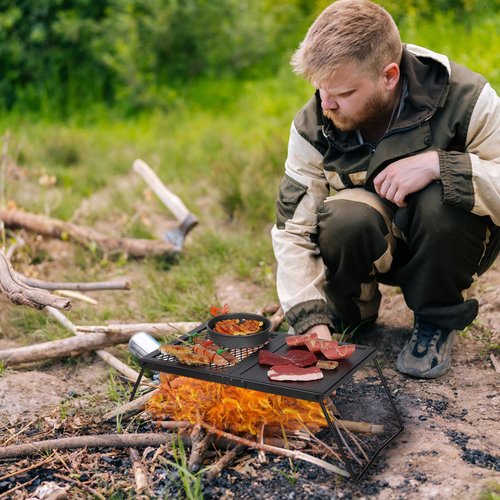 Lineslife 17'' Folding Campfire Grill Grate and Griddle, Portable Heavy Duty Steel Fire Pit Cooking Grill Grate, Camp Fire Cooking Equipment for Outdoor BBQ Picnic, Black