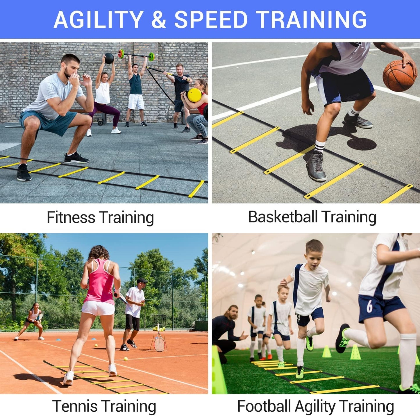 Agility Ladder Speed Training Set: Ohuhu 12 Rung 20ft Soccer Training Equipment for Kids with 12 Cones, 4 Steel Stakes, Instruction Manual & Carrying Bag for Football Exercise Sports Footwork Training