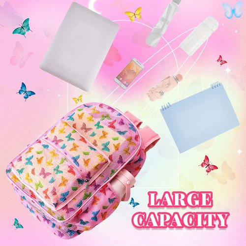 Silkfly 3 Mesh Backpack Set Semi-transparent bag for Women Heavy Duty bookbag with Pocket with Lunch Bag Pencil Case(Butterfly Style)