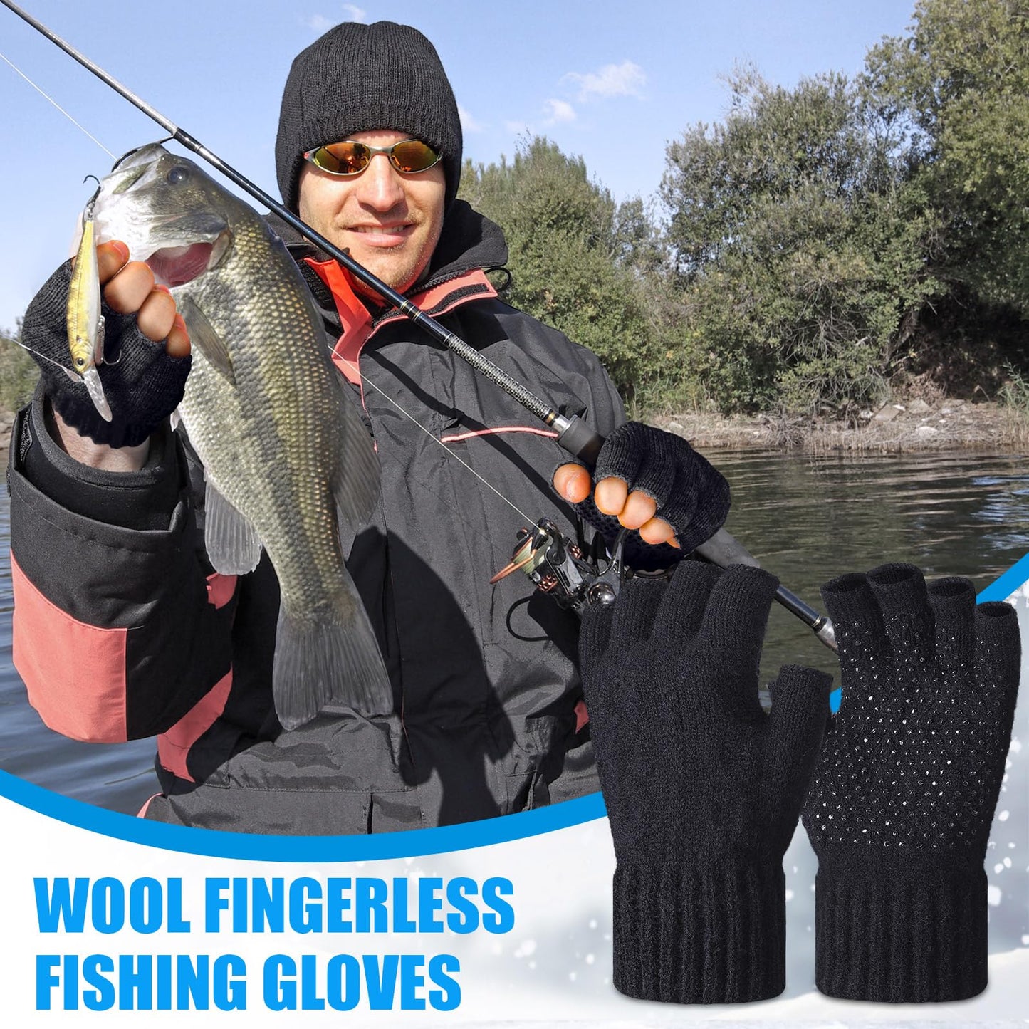 Geyoga 2 Pairs Wool Fingerless Fishing Gloves for Men Women Anti-Slip with Grip Dots Warm Winter Fly Ice Fishing Gloves(Black and Gray,Fingerless)