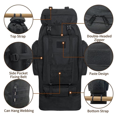 Vaupan Hiking Backpack, 100L Large Camping Backpack, Expandable Waterproof MOLLE Rucksack, Outdoor Sport Travel Daypack Military Tactical Back pack for Men Women (Black)