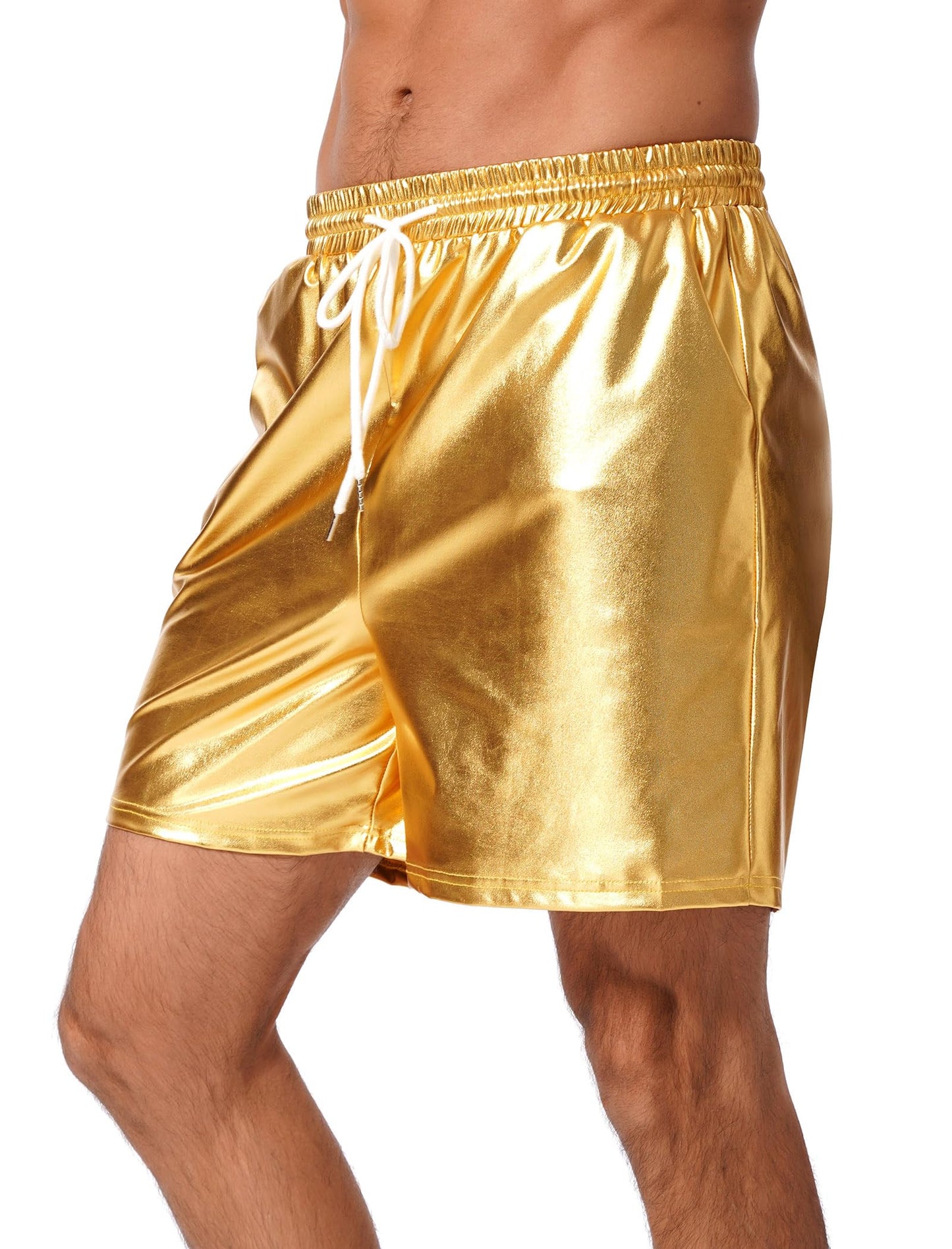 ABAFIP Men's Shiny Metallic Shorts Drawstring Sparkly Dance Hot Pants Disco Rave Party Outfit with Pockets Gold X-Large