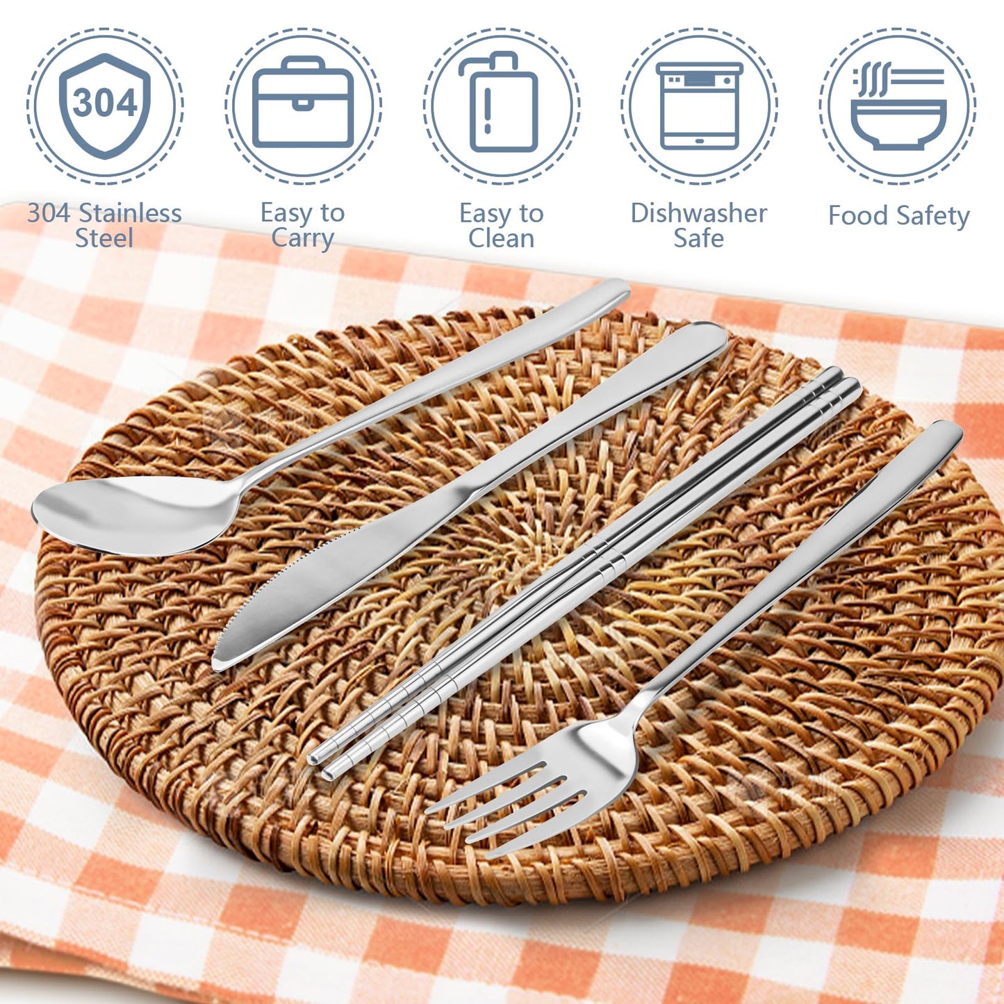 5 Piece Rsiynax Portable Travel Utensils Set with Case, Premium 304 Stainless Steel Camping Utensils Set, Reusable Silverware for Camping, Lunch, Work, School, etc, Easy to Clean (Silver)