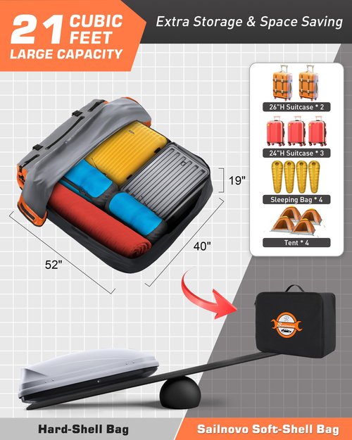 Sailnovo Rooftop Cargo Carrier Bag 21 Cubic, 1000D PVC Waterproof Vehicle Soft-Shell Carrier for Cars with/Without Roof Rack, Car Roof Storage Includes Anti-Slip Mat,10 Reinforced Straps, 6 Door Hooks