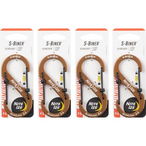 Nite Ize S-Biner SlideLock Aluminum - Durable Dual Carabiner - Locking Aluminum S-Biner - Secure Keys & Gear with Lockable Carabiner - Size 4, Coyote (4 Pack)