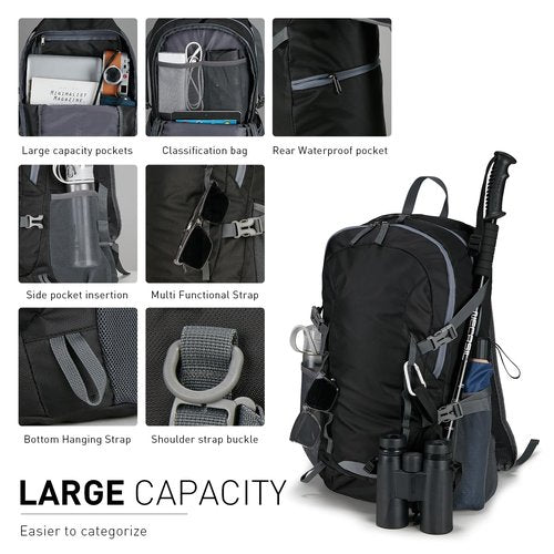TREKKIN PLUS Travel Hiking Backpack 40L Ultra Lightweight Camping Packable for Men Women Water Resistant Portable Daypack（Black）