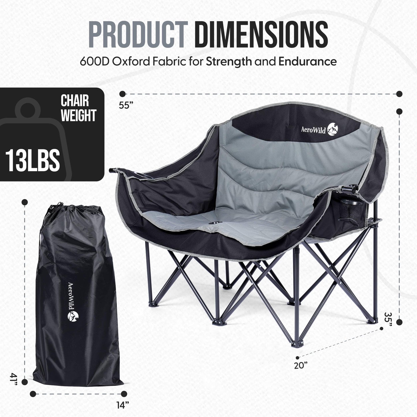 AeroWild Double Folding Chair – Portable Loveseat for 2 Adults with 600 lbs Support – Water & UV Resistant Folding Outdoor Chair for Beach, Picnic, Camping