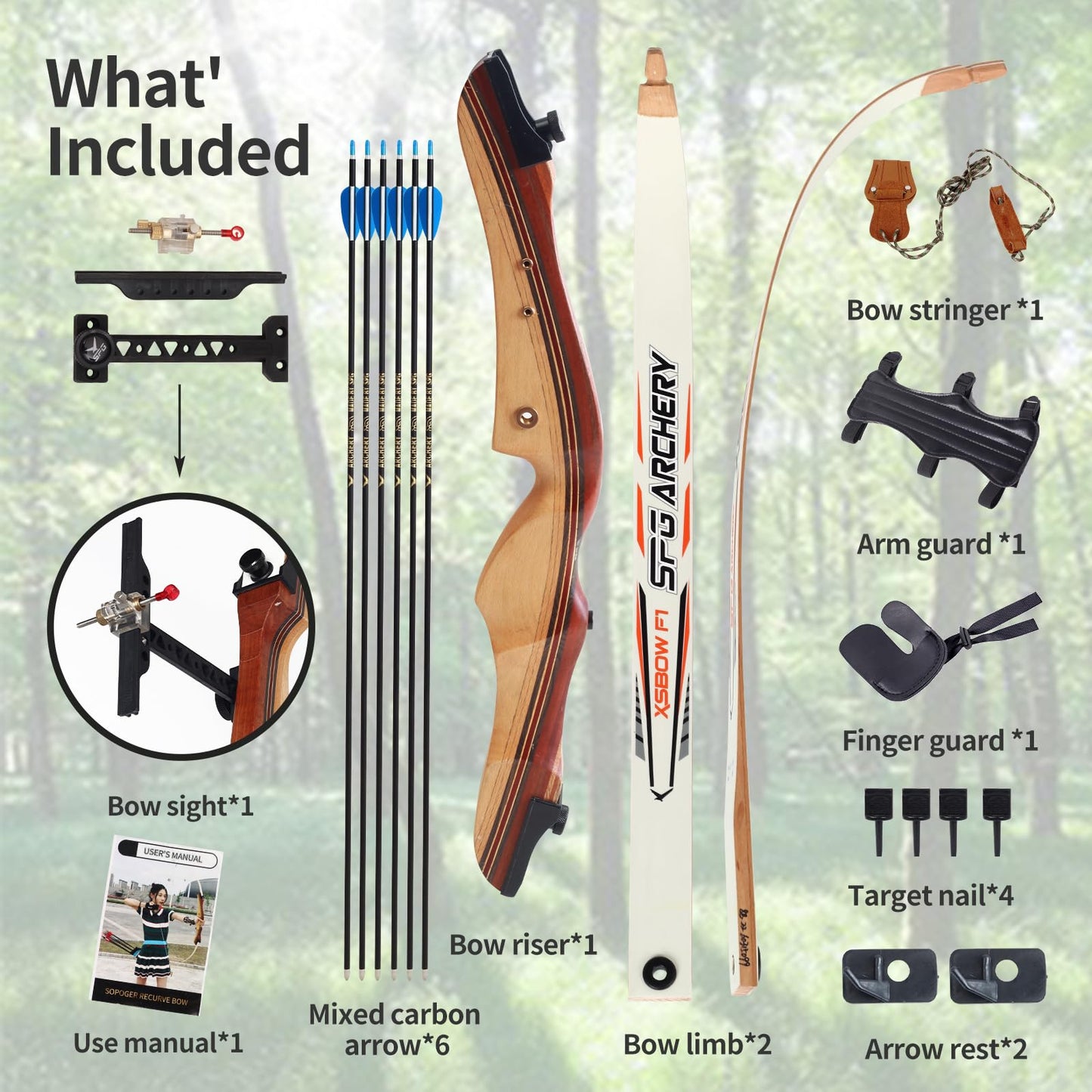 SOPOGER 54" Archery Set Adult Beginners - 20 lbs Takedown Recurve Bows for Adults Youth Teens Men Women Wood Longbow for Outdoor Target Arrow Practice Shooting Training