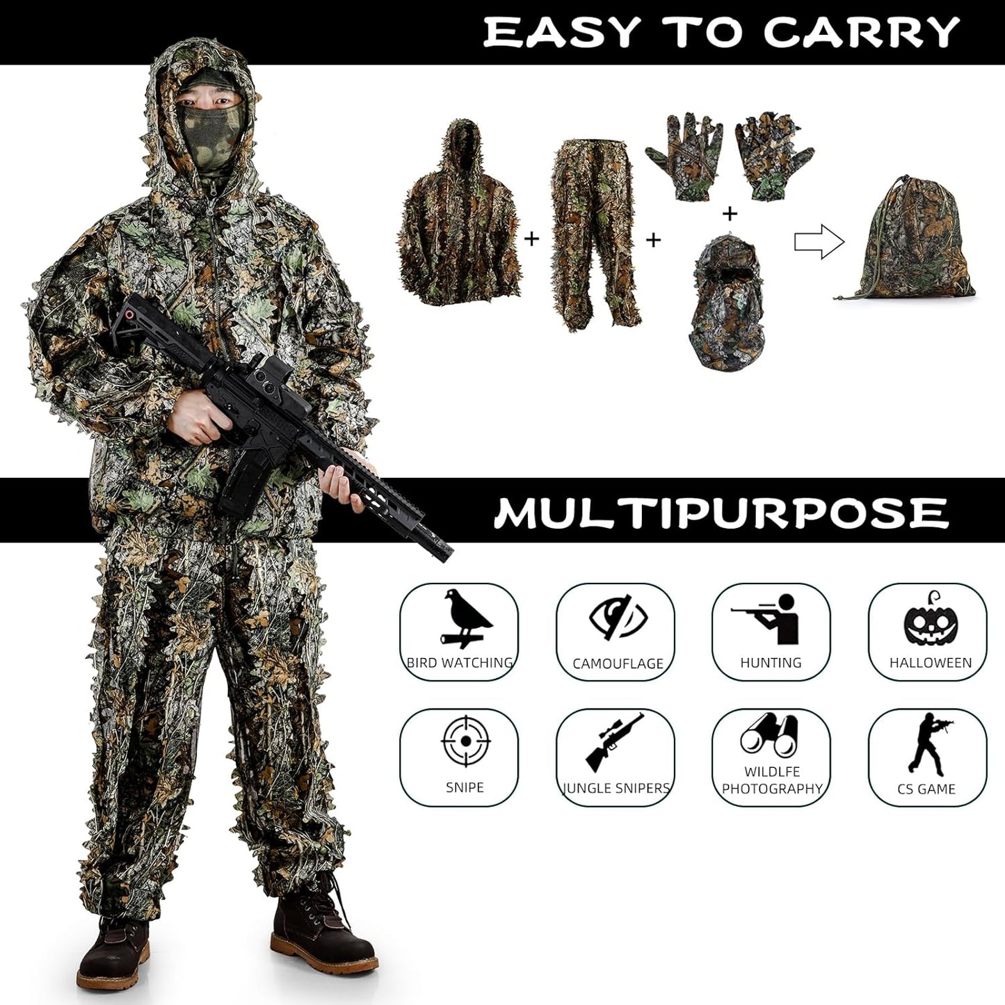 Zicac Outdoor Camo Ghillie Suit 3D Leafy Camouflage Clothing Jungle Woodland Hunting