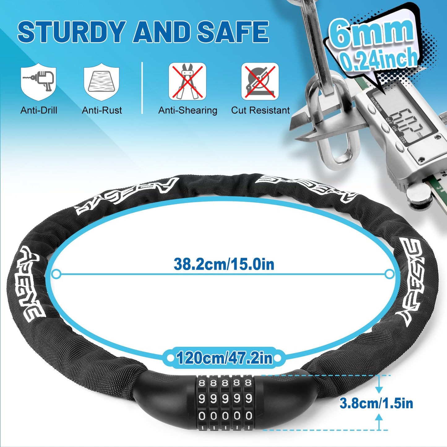 APECYC Bike Locks Heavy Duty Anti Theft, 5 Digit Combination Bike Chain Lock, 4FT Security Bicycle Lock Hardened Steel Square Chains for Bicycle, E-Bike, Motorcycle, Scooter, Gate