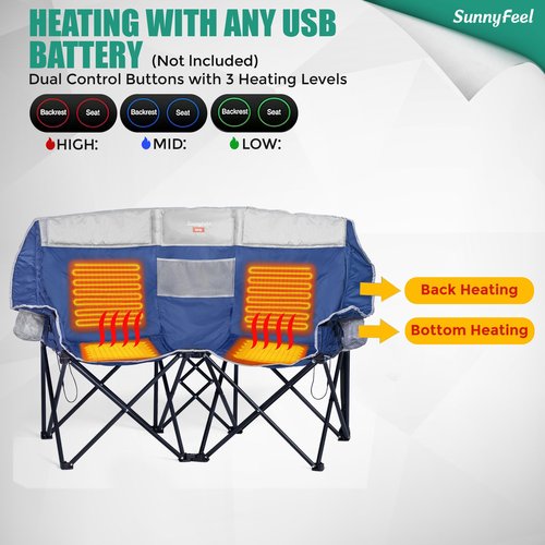 SUNNYFEEL Heated Double Camping Chair, Outdoor Portable Loveseat Chair, Heavy Duty Folding Lawn Chairs with Storage for Beach/Tailgate/Travel/Picnic, Foldable Duo Camp Chairs for Adults 2 People