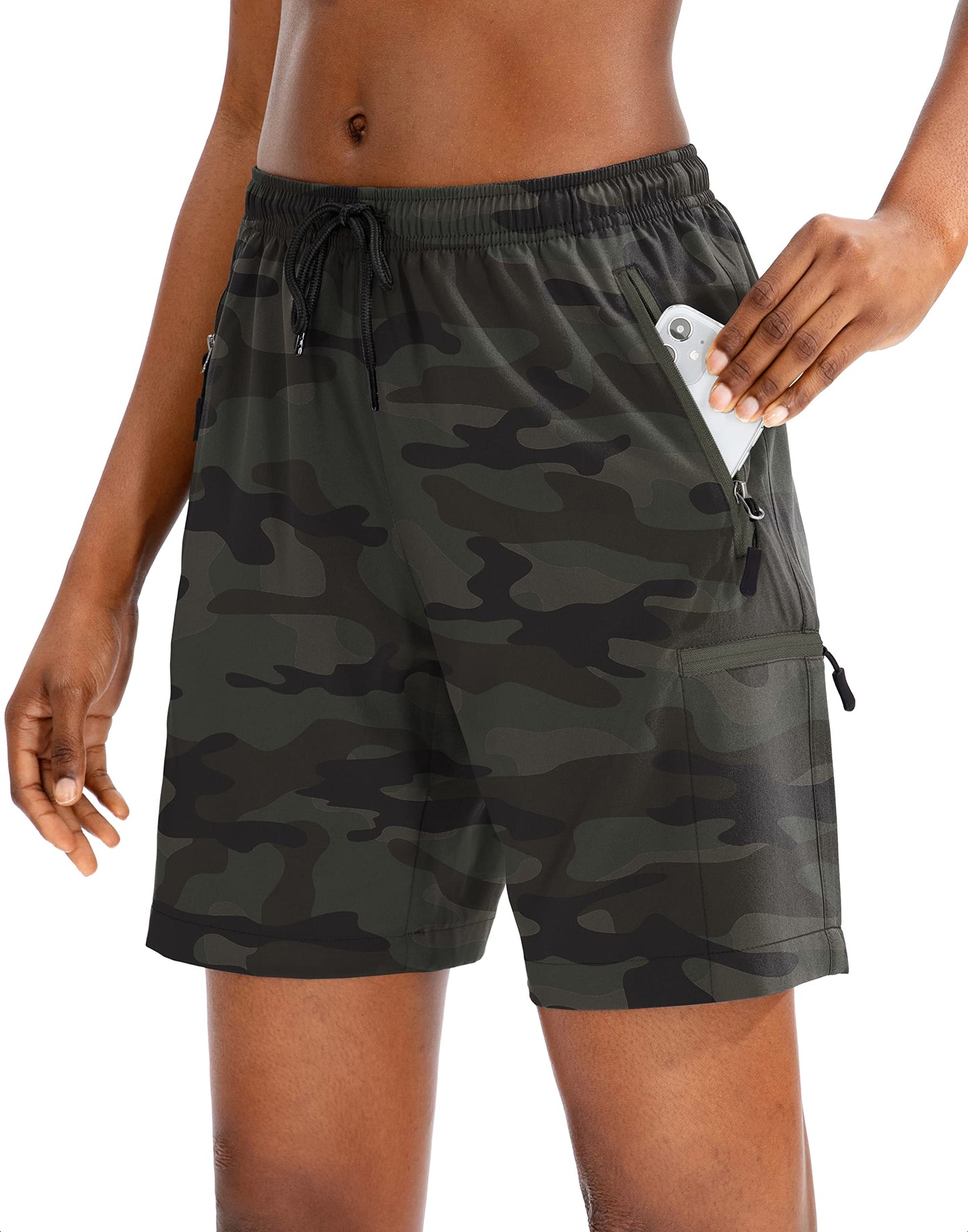 SANTINY Women's 5''/ 7''/9'' Hiking Cargo Shorts Quick Dry Lightweight Summer Shorts for Women Athletic Golf Zipper Pockets(Green Camo_XL)