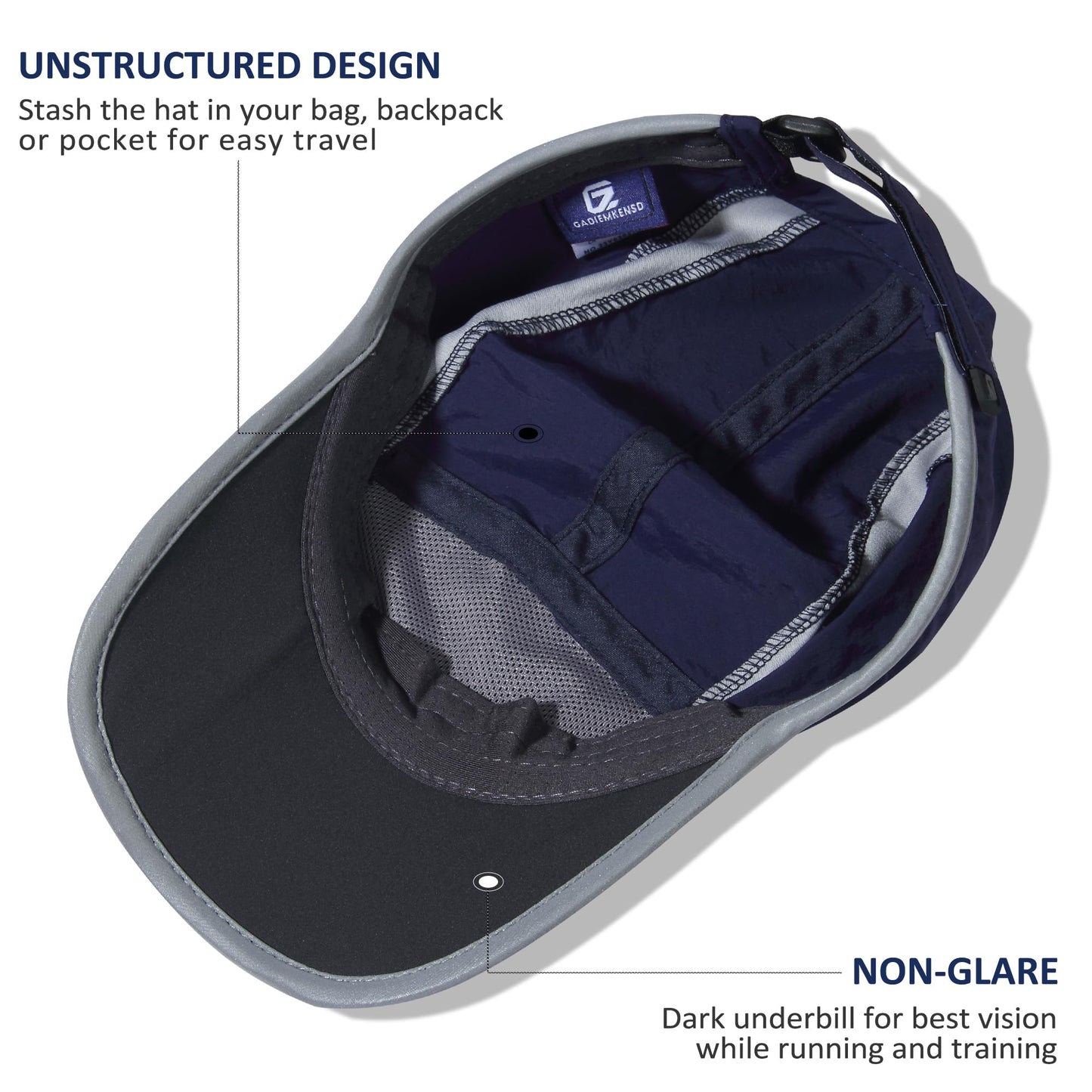 GADIEMKENSD Baseball Cap Nylon Running Cap Outdoor Sports Hat for Men Women Adjustable Quick Drying Reflective Foldable UPF50+ Breath Mesh Water Repellency Race Performance Lightweight Navy