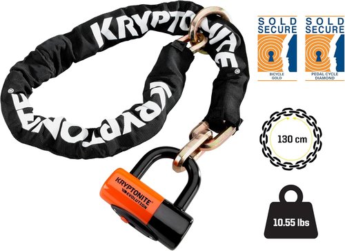 Kryptonite New York 1213 Cinch Ring Bike Chain Lock, 4.2 Feet Long Heavy Duty Anti-Theft Sold Secure Gold Bicycle Chain Lock and Keys for Ultimate Security E-Bike, Motorcycle, Scooter