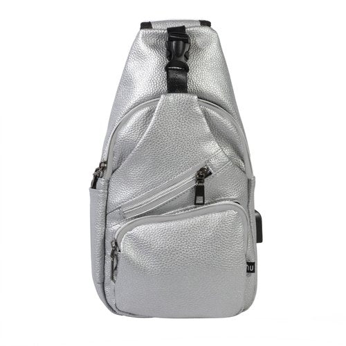 Nupouch Milan Anti-Theft Daypack Crossbody Sling Backpack, Vegan Leather, USB Charging Connector Port, Lightweight Day Pack for Travel, Hiking, Everyday, Large, Silver