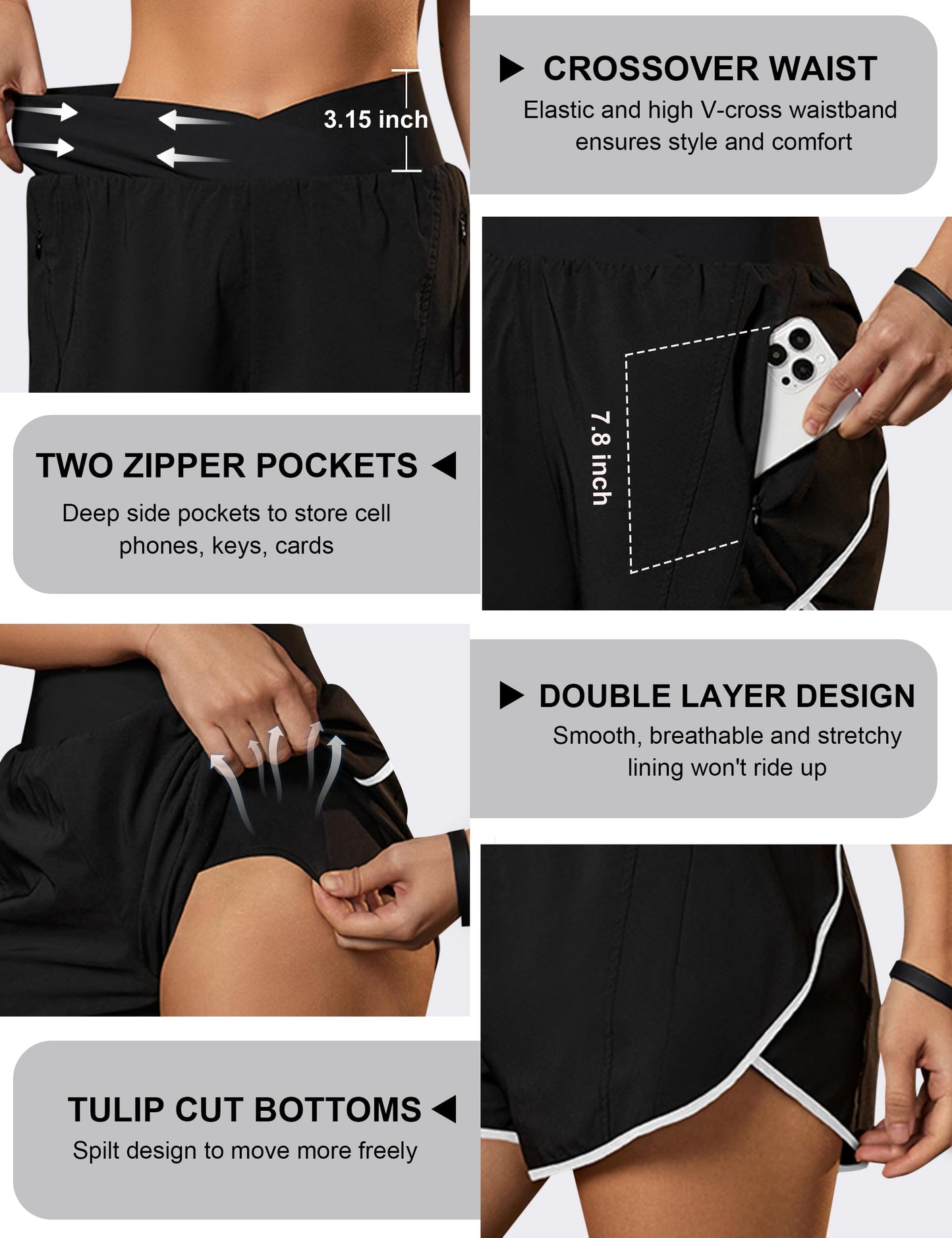 Blooming Jelly Women's Workout Shorts Athletic Running Cross V Cut Waist Work Out Preppy Shorts with Zipper Pockets (Black and White,X-Large)