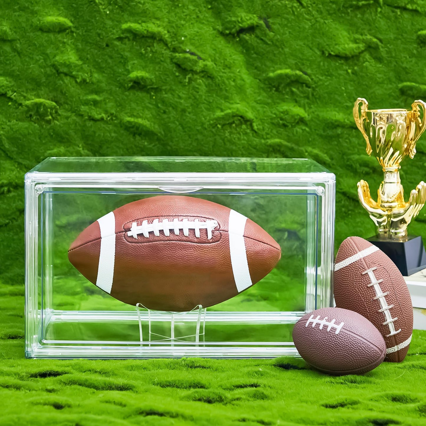 Thyle 4 Pack Football Display Case Full Size Clear Acrylic Stackable Box with Magnetic Door and UV Protection for Autographed Football Memorabilia Display
