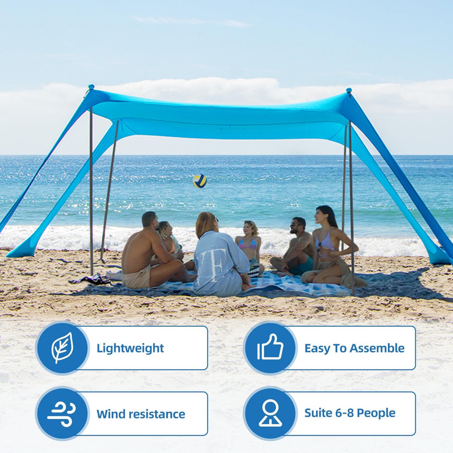 AMMSUN Beach Tent Portable Beach Canopy,11ft X 11ft Sun Shelter Easy Setup, 11'x11' Lycra Sun Shade with UPF50+ Protection 4 Sand Bags & 4 Poles for Family at The Camping, Beach & Outdoor