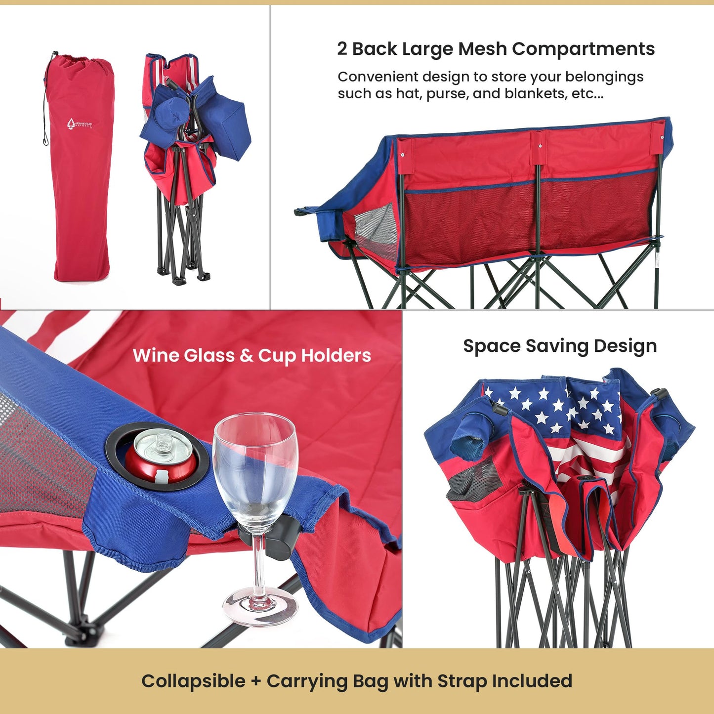 ARROWHEAD OUTDOOR Portable Folding Double Duo Camping Chair Loveseat w/ 2 Cup & Wine Glass Holder, Carrying Bag, Supports up to 500lbs
