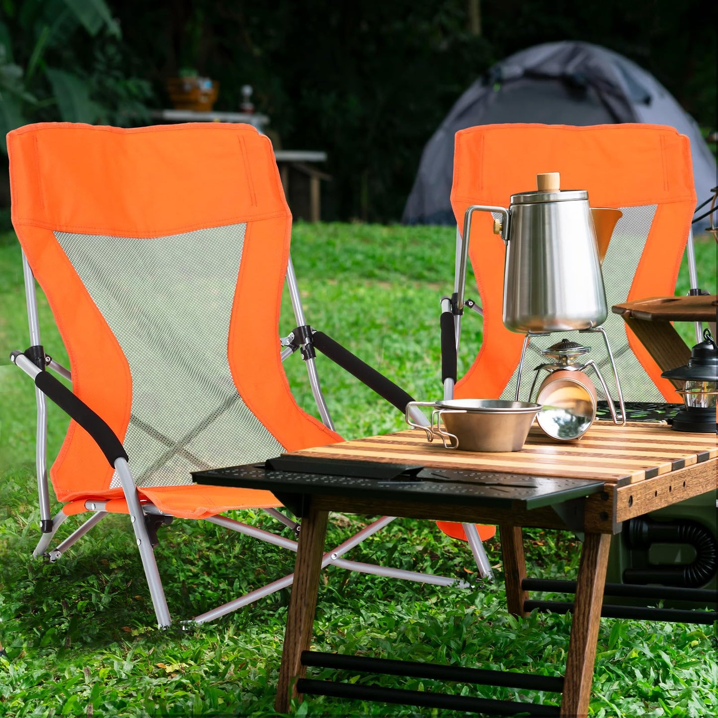 FillTouch 6 Packs Low Beach Chairs Portable Folding Beach Chairs for Adults with Cup Holder Carry Bag Low Back Camping Chair Lightweight Folding Lawn Chairs for Outdoor Sand Travel Concert (Orange)