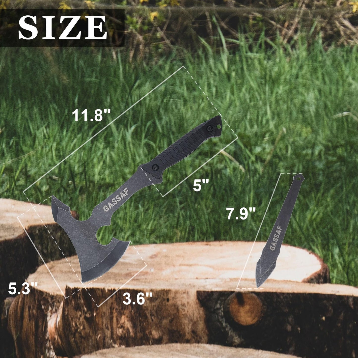 GasSaf Throwing Axe Knife Set Stainless Steel Throwing Tomahawk Axe and Stainless Steel Well-Balanced Throwing Knife， Protective Nylon Sheath for Recreation and Competition（3 Packs）
