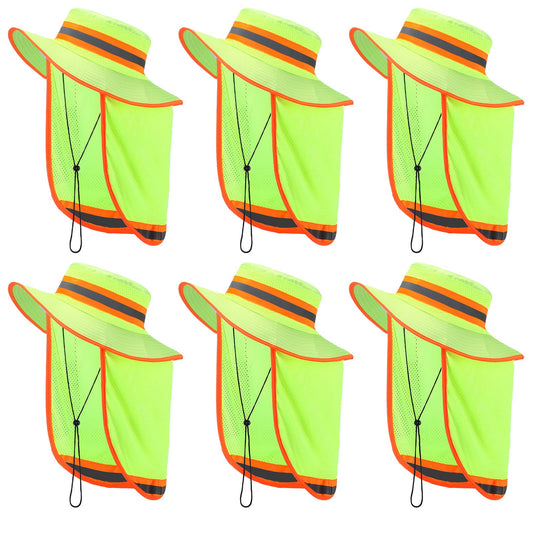 Jexine 6 Pcs Reflective Safety Hat High Visibility Neck Flap Boonie Hat Wide Brim Work Hats Breathable Bucket Cap for Worker (Yellow)