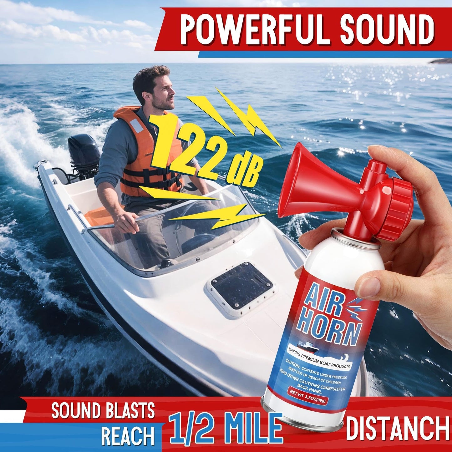 HappyAlley 3 Pack Large Air Horn for Safety 3.5oz, 122dB Very Loud Marine Air Horn for Boat, Coast Guard Approved, Great for Boat & Marine Safety, Sporting Events, Travels, Hiking (Red)
