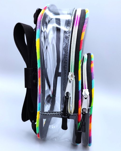 Clear Small Mini Backpack for Stadium Events, Concerts, Festivals, Stadium Approved, Size 9"H x 7"L x 3.5"W, Rainbow Canvas, Colorful Zippers, Adjustable Straps, 2 Compartments, Carrying Handle